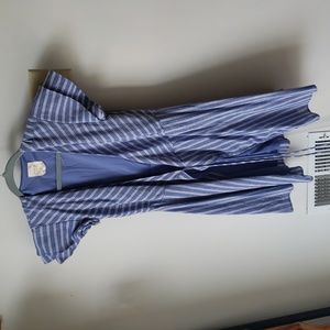 Harper Heritage wrap dress with white stripes and ruffled sleeves